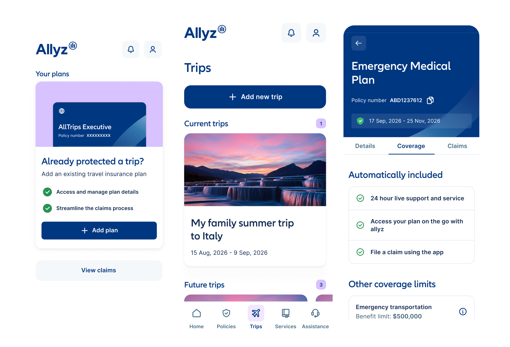 Three smartphone screens are shown. The left screen shows 'your travel insurance polices'. The middle screen shows the 'add trips' feature and the righth screen shows the Allyz Valut, a document storage.