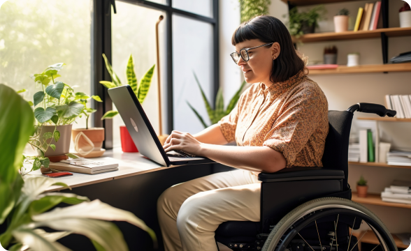 Une image d'une femme en fauteuil roulant travaillant sur un ordinateur portable
