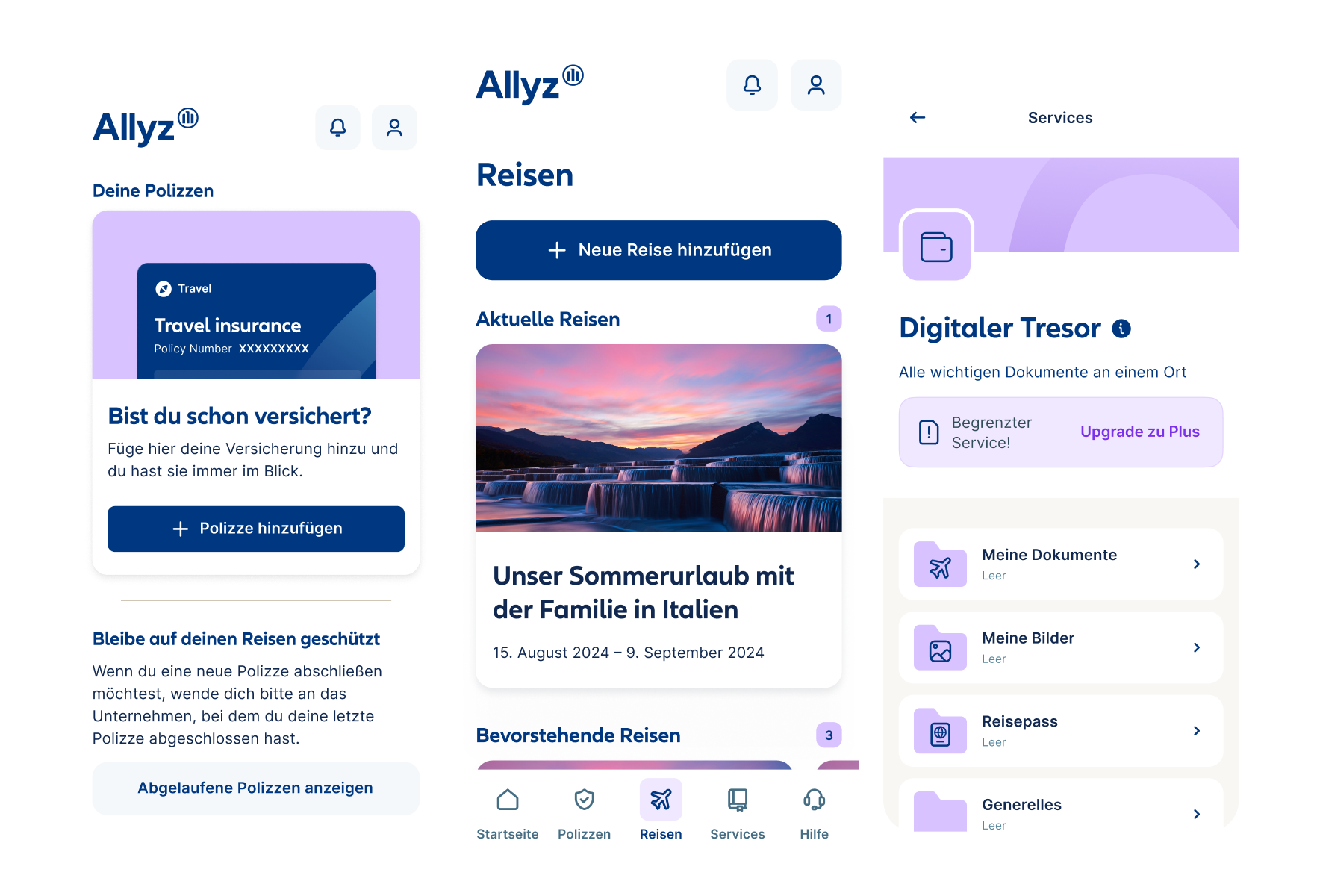 Drei Smartphone-Bildschirme werden angezeigt. Der linke Bildschirm zeigt „Ihre Reiseversicherungen“. Der mittlere Bildschirm zeigt die Funktion „Reisen hinzufügen“ und der rechte Bildschirm zeigt den Allyz-Tresor, ein Dokumentenspeicher.