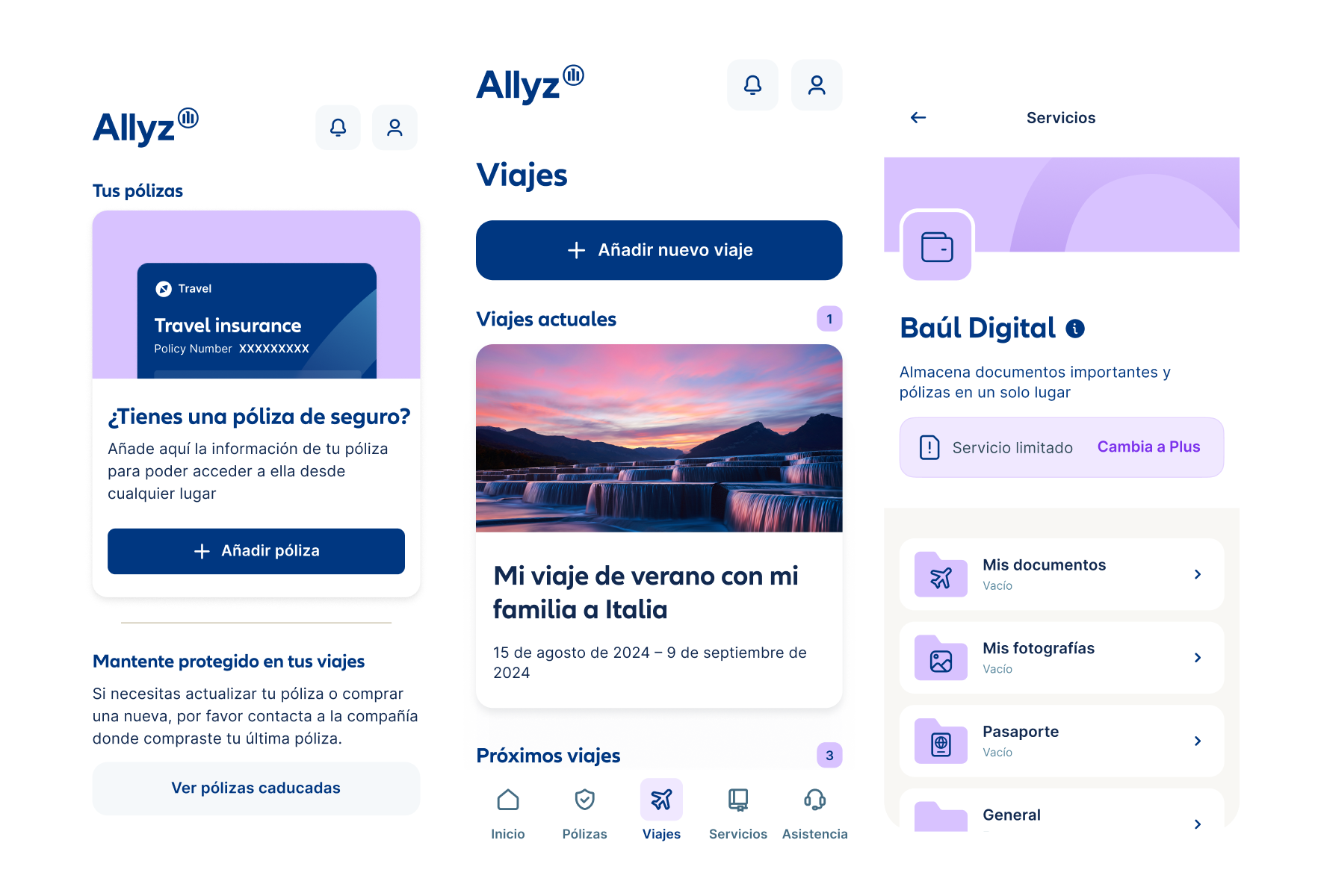 Se muestran tres pantallas de smartphone. La pantalla de la izquierda muestra « tus pólizas de seguro de viaje ». La pantalla del medio muestra la función « añadir viajes » y la pantalla de la derecha muestra el Vault de Allyz, un almacenamiento de documentos.