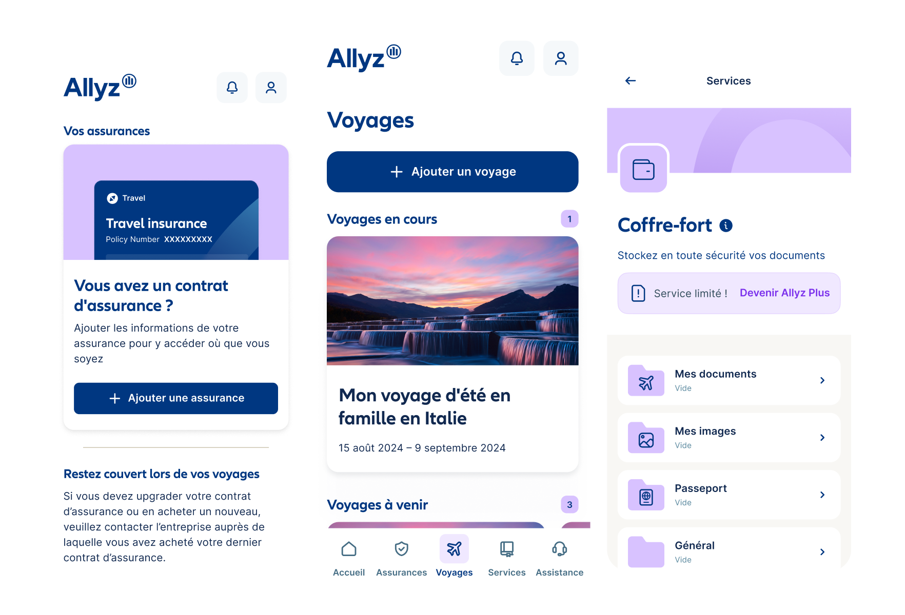 Trois écrans de smartphone sont affichés. L'écran de gauche montre « vos polices d'assurance voyage ». L'écran du milieu affiche la fonction « ajouter des voyages » et l'écran de droite montre le coffre-fort Allyz, un espace de stockage de documents.