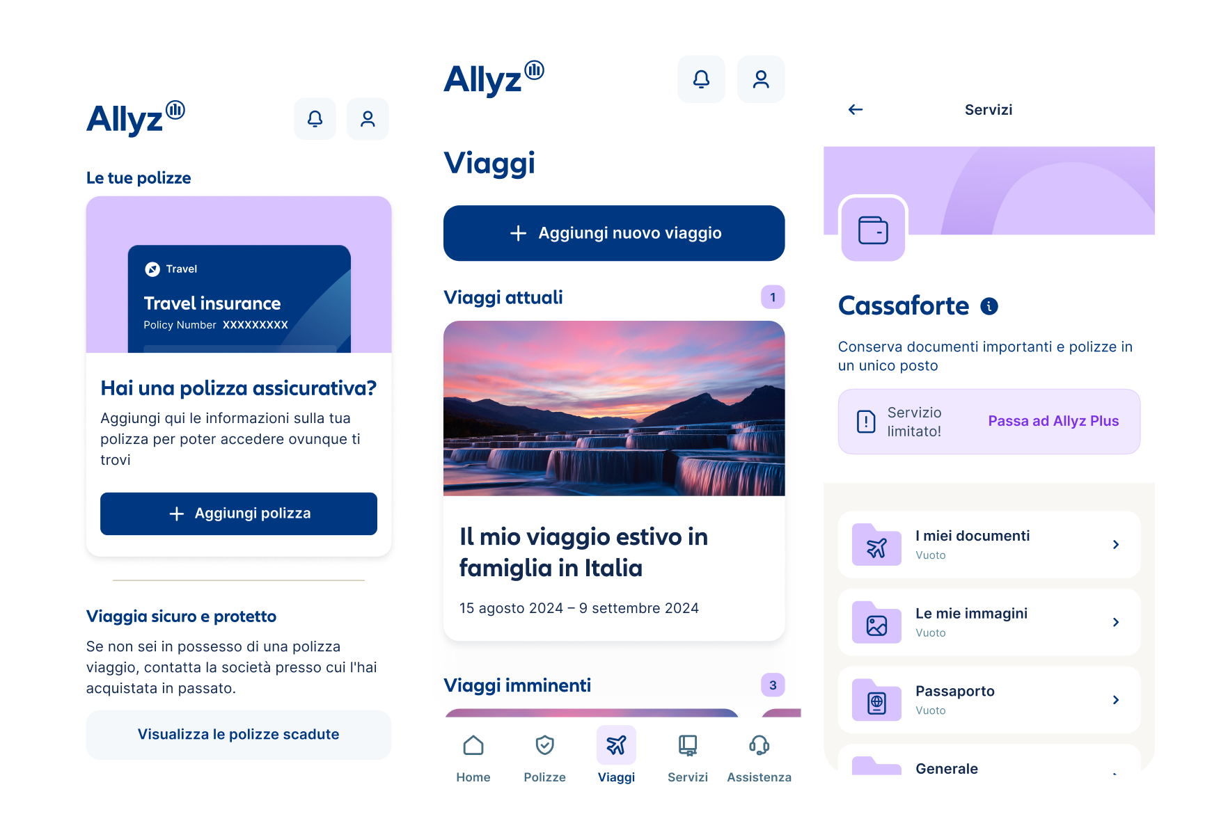 Vengono mostrati tre schermi di smartphone. Lo schermo a sinistra mostra le « tue polizze di assicurazione viaggio ». Lo schermo centrale mostra la funzione « aggiungi viaggi » e lo schermo a destra mostra il Vault Allyz, un archivio documenti.