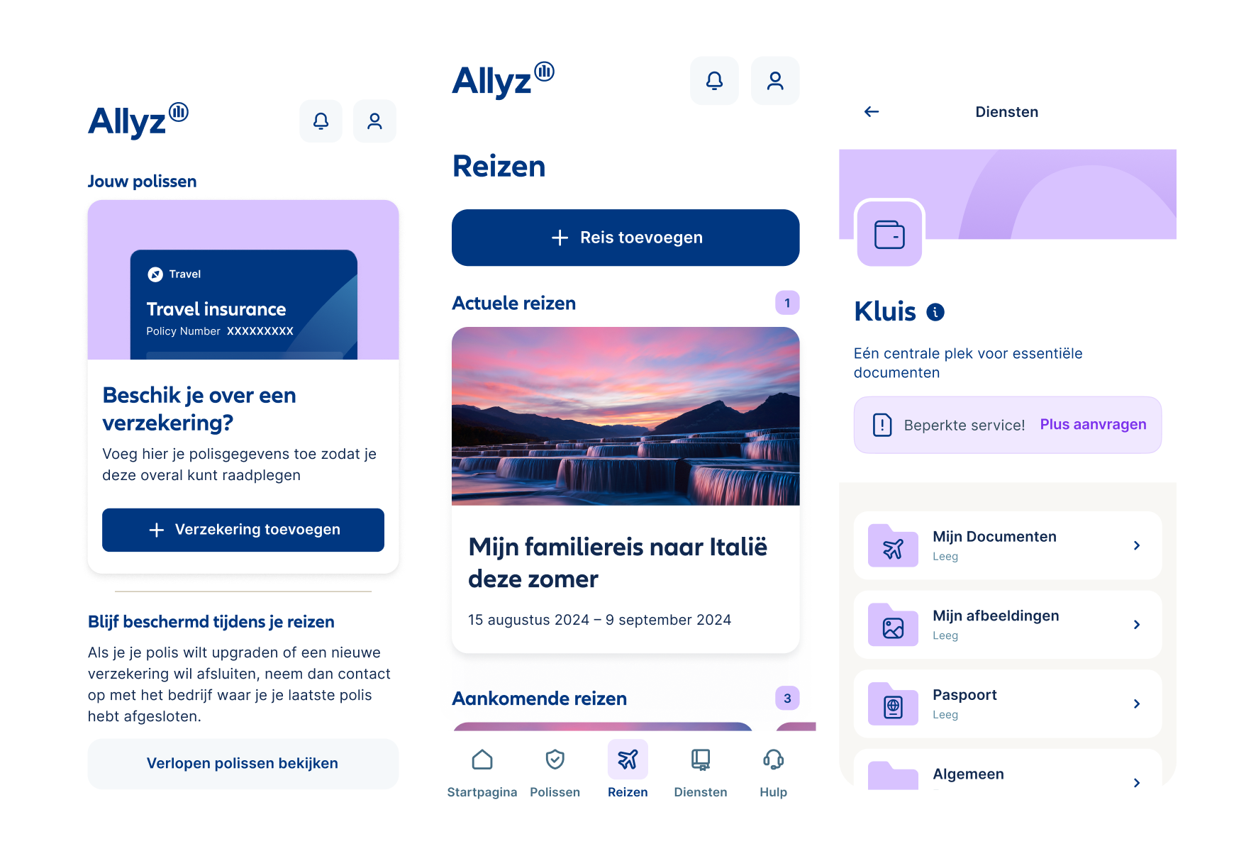Drie smartphoneschermen worden getoond. Het linkerscherm toont 'jouw reisverzekeringen'. Het middelste scherm toont de functie 'reizen toevoegen' en het rechterscherm toont de Allyz Vault, een documentopslag.