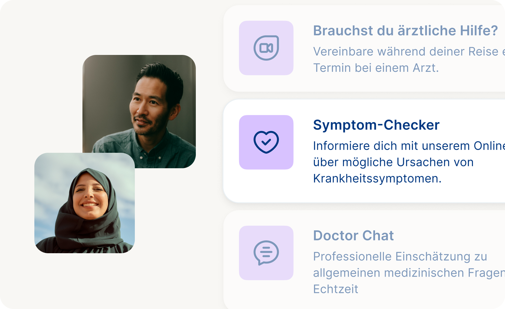 Auf der rechten Seite wird eine kleine Liste der medizinischen Dienstleistungen angezeigt, die in der Allyz-App verfügbar sind. Auf der linken Seite befinden sich zwei Kopfbilder eines hellhäutigen Mannes und einer hellhäutigen Frau, die einen Hidschab tragen und lächeln.
