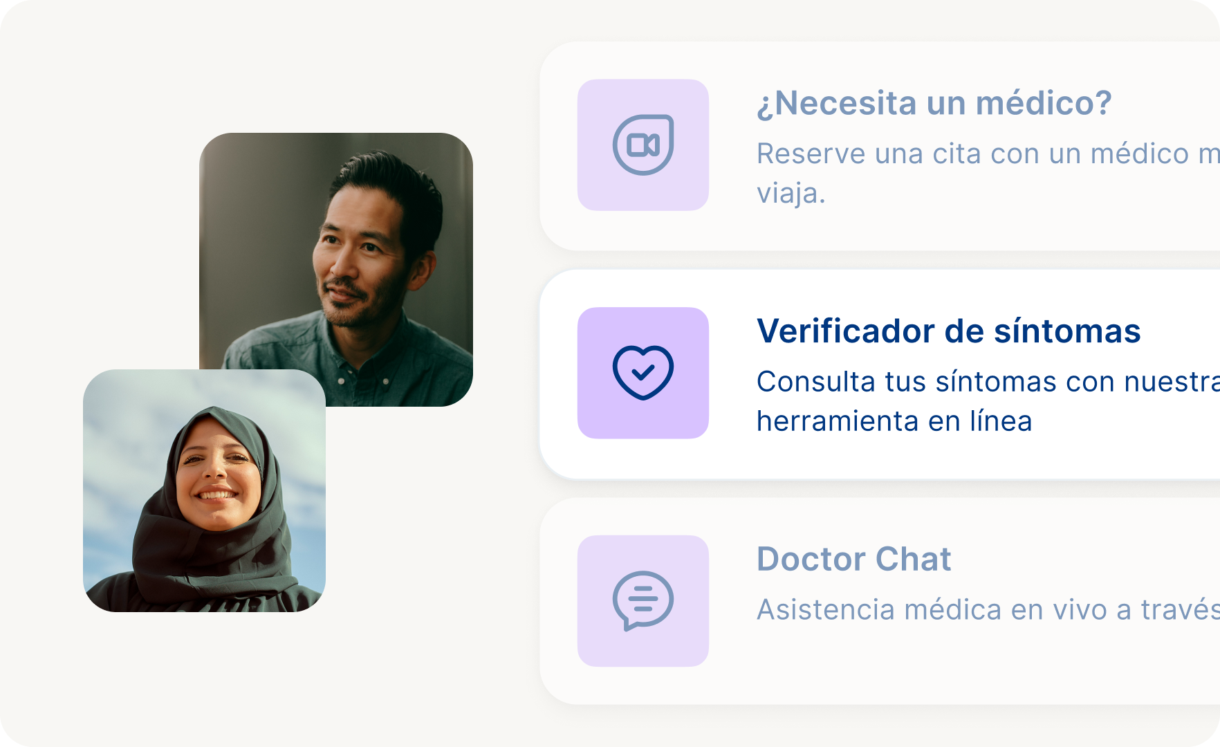 A la derecha se muestra una imagen con una pequeña lista de los servicios médicos disponibles en la aplicación Allyz. En el lado izquierdo hay dos retratos de un hombre de piel clara y una mujer de piel clara con hiyab, sonriendo.
