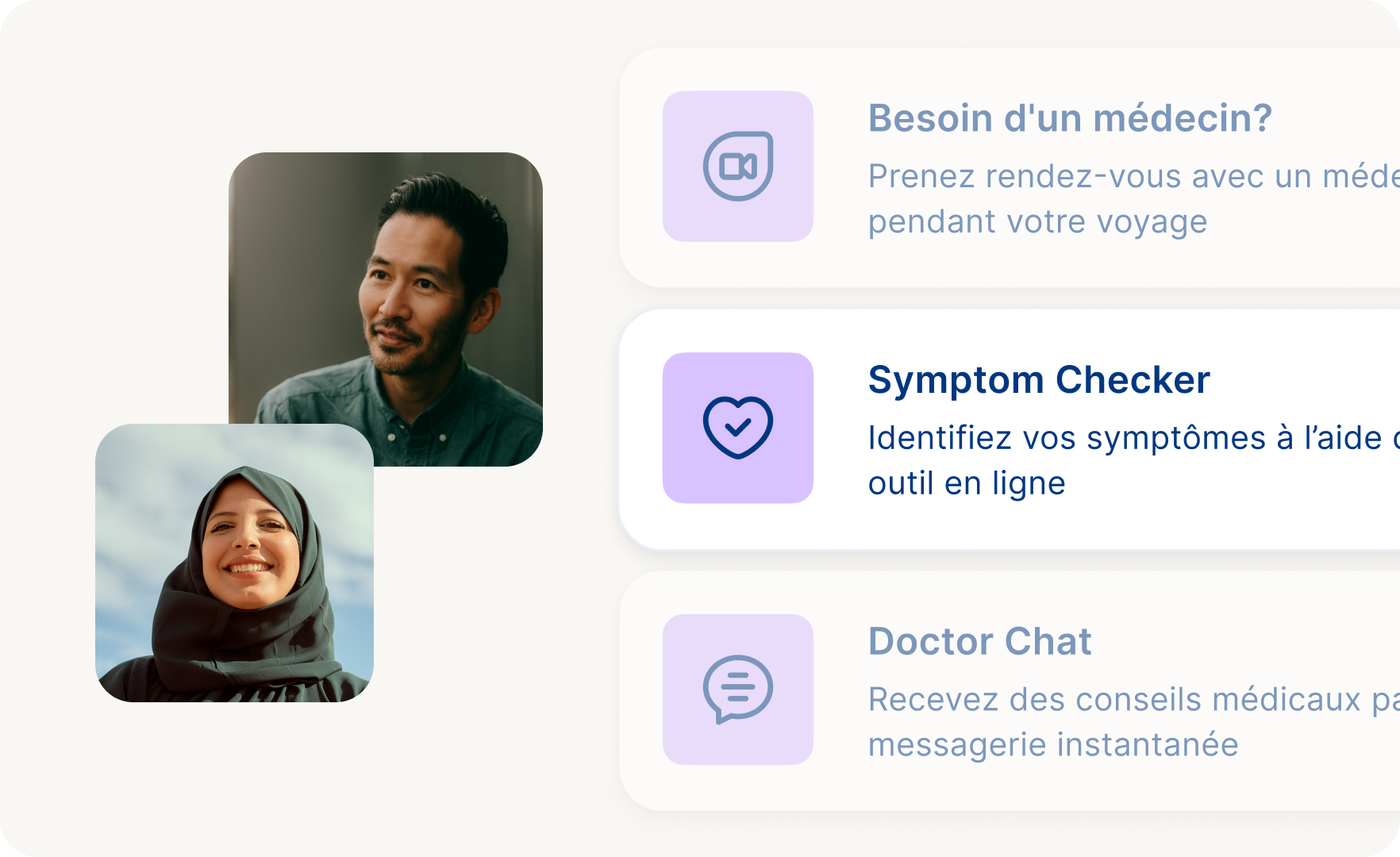 Une image présentant une petite liste des services médicaux disponibles sur l'application Allyz est affichée à droite. Sur le côté gauche se trouvent deux photos d'un homme à la peau claire et d'une femme à la peau claire portant un hijab et souriant.