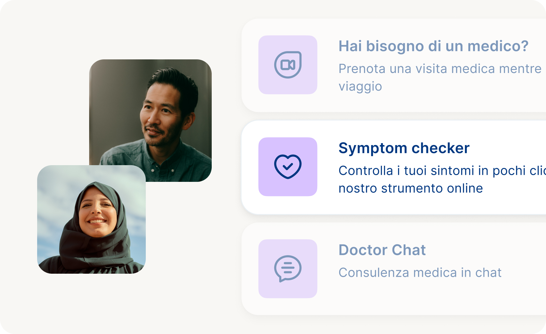 Sulla destra è riportata un'immagine che mostra un breve elenco dei servizi medici disponibili sull'app Allyz. Sul lato sinistro ci sono due foto di testa di un uomo e di una donna di carnagione chiara che indossano l'hijab e sorridono.