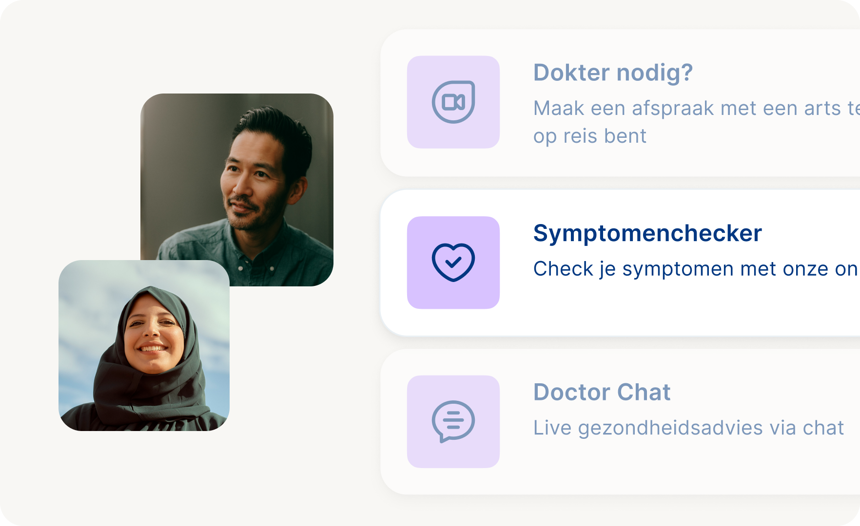 Aan de rechterkant wordt een afbeelding getoond met een korte lijst van de medische diensten die beschikbaar zijn in de Allyz-app. Aan de linkerkant staan twee kopfoto's van een lichtgetinte man en een lichtgetinte vrouw die een hijab dragen en glimlachen.